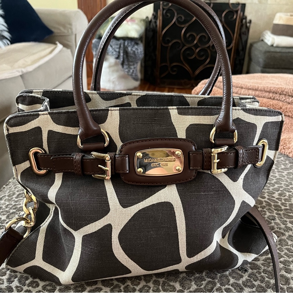 Michael Kors Brown and Cream Satchel with Giraffe Print